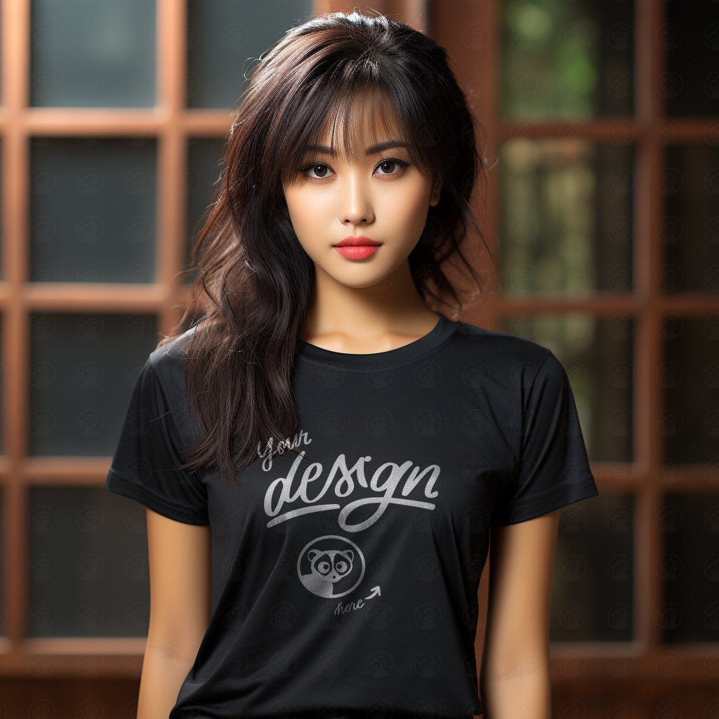 Black Feminine T-Shirt, Japanese Woman Mockup, Asian Woman Mockup, Bella Canvas Women's Mockup, Casual Mockup, T Shirt Woman Mockup