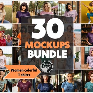 Colorful Women T-Shirt Mockups, Mockup Bundle of 30, T-Shirt For Women, Model Mockups Bundle, Women&#39;s Tee Mock, Casual Style Mockups Bundle