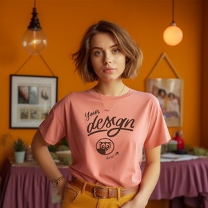 Women&#39;s Tee Mockup, Women&#39;s Shirt Mockup, Peach Colored T-Shirt Mockup, Female Tee Shirt Mockup, Woman T Shirt Mockup, Oversize T-Shirt