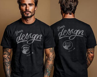 Back and Front Mockup, Tattooed Man Black TShirt Mockup, Male Model Mockup, Hipster Mockup,Cool Guy Model, Front And Back Men&#39;s Shirt Mockup