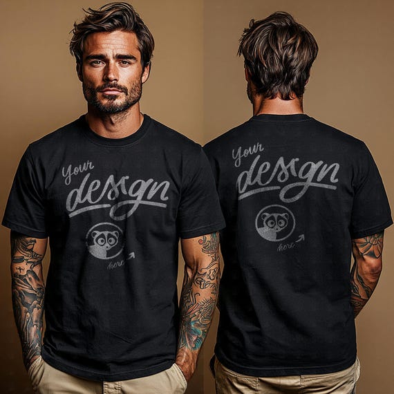 Back and Front Mockup, Tattooed Man Black TShirt Mockup, Male Model Mockup, Hipster Mockup,Cool Guy Model, Front And Back Men's Shirt Mockup