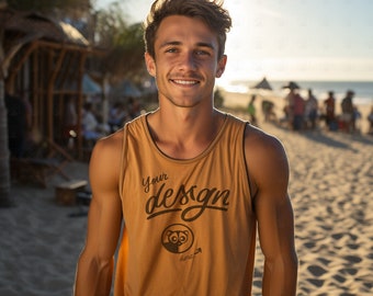 Beach Mockup, Men's Tank Top Mockup, Mustard Tank Mockup, Man Mock Up, Male Tank Mockup, Male Model Mock Up, Tank Template, Beach Mockup