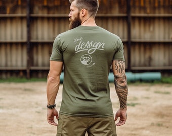 Back T-Shirt Mockup, Army Khaki T-Shirt Man Mockup, Military Mockup, Father's Day Mockup, Dad Mockup, US Army Mockup, USA, Patriot, Solidier