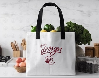 White Market Bag Mockup, White Tote Bag Black Handles Mockup, Kitchen Bag Mockup, Sublimation Shopping Bag, Tote Bag Mockup, Kitchen Mockup