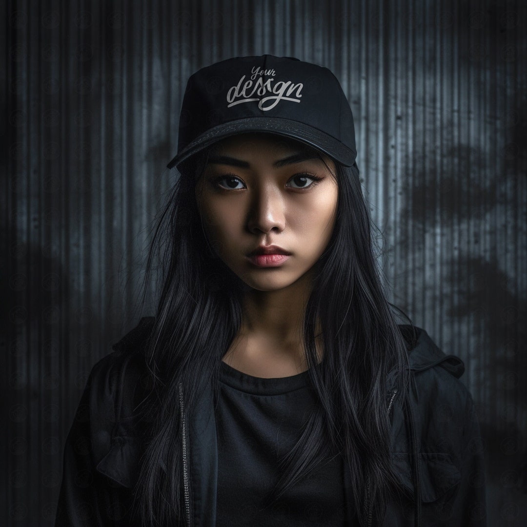 Edgy Black Cap Mockup, Young Asian Woman Mockup, Baseball Cap Mock