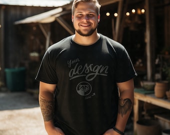 Large Black T Shirt Mockup, Tattoo Man Black T-Shirt Mockup, Male Black Shirt mockup, Large Size Man Model Mockup, Diverse Man Model Mockup