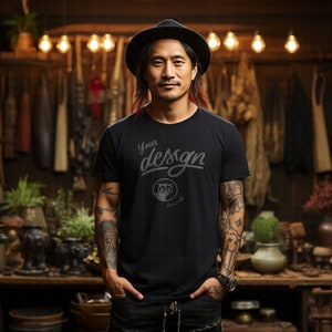 Könnte beinhalten: Ein Mann trägt ein schwarzes T-Shirt mit dem Text "Your design" und einer kleinen Tiergrafik. Er trägt einen schwarzen Fedora-Hut und hat Tätowierungen auf seinen Armen.