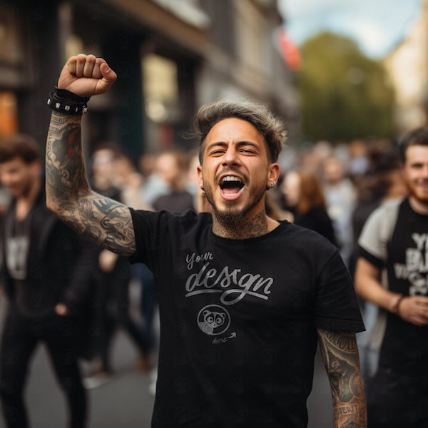 Tattooed Man Black T-Shirt Mockup, Male Black Shirt mockup, Street Mockup, Urban Aesthetics, Man Model, Protest T shirt, Agenda Mockup