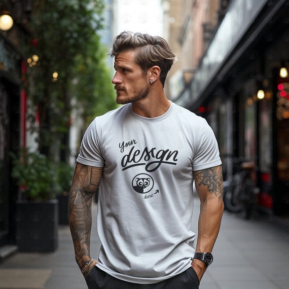 White T Shirt Mockup, White Man T-Shirt Mockup, Tattooed Guy, White Tee Shirt Mockup, Male Model Mockup, T shirt Mockup, Urban Street Mockup