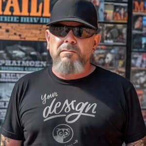 Father&#39;s Black T-Shirt Mockup, Tattooed Man, Male Black Shirt mockup, Man Mockup, Hipster Dad Mockup, Urban Aesthetics, Bearded Model