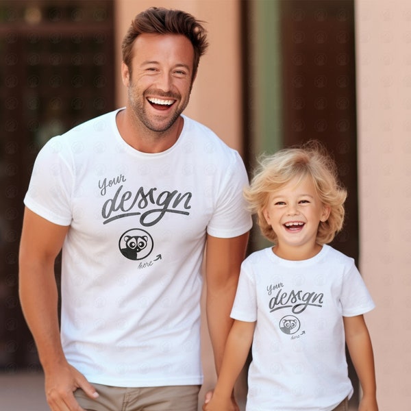 Father And Son Mockup, Family Matching T-Shirts Mockup,  White T shirts Family Mockup, Daddy And Son Nature Mockup, Family Shirt Mockup