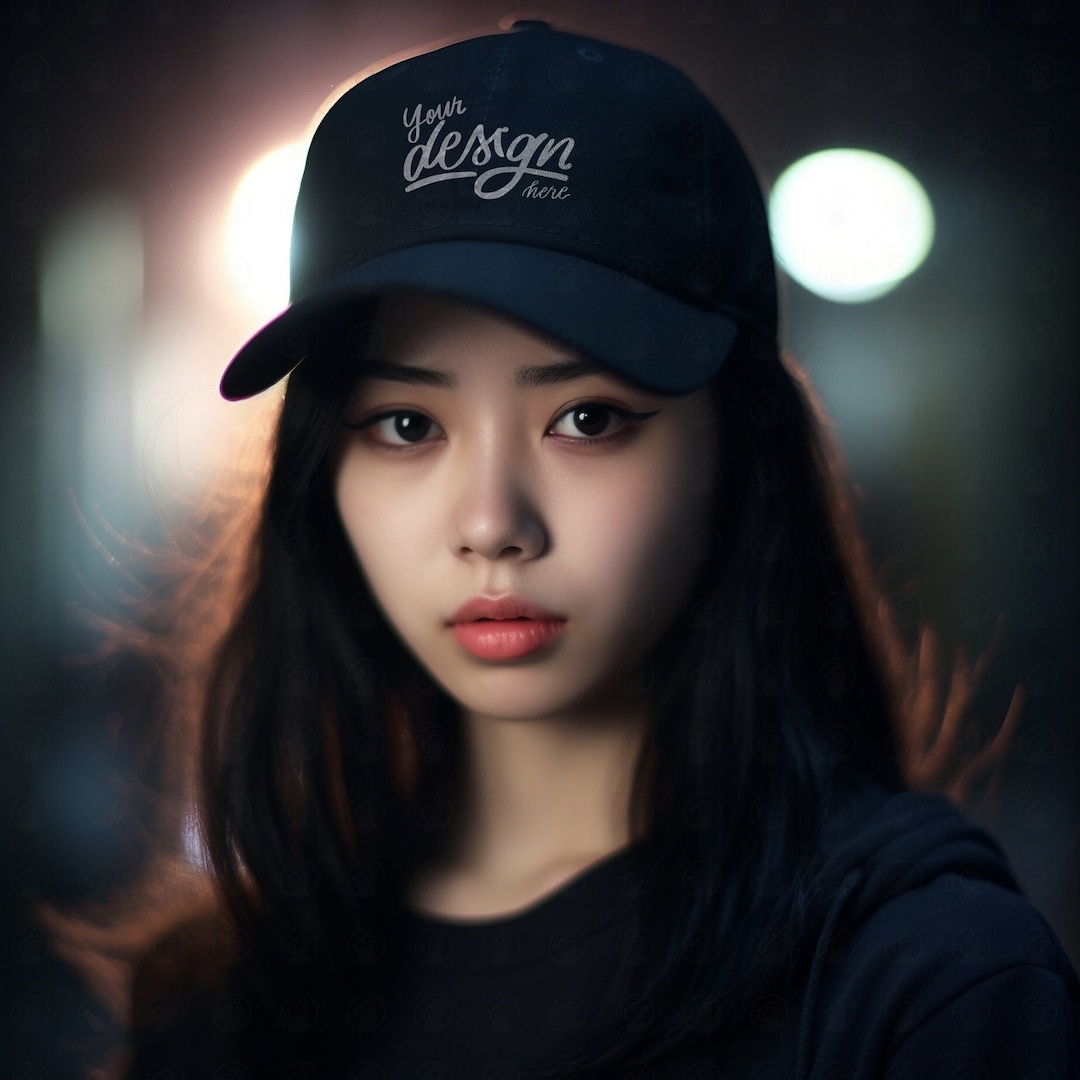 Black Baseball Hat Mock Up, Young Asian Woman Mockup, Baseball Cap Mock
