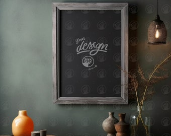 Dark Rustic Interior Mockup, Vertical Wood Frame Mockup, Frame Mockup In Home Interior, Art Frame Mockup, Concrete Wall, Carbon light Bulb