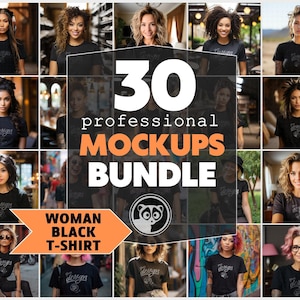 Women In Black T Shirt Mockup Bundle, 30 Black T-Shirt Mockups Bundle, Diverse Women Model Mockup, Edgy T Shirt Mockup, Trendy Mockup
