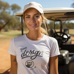 Athletic young woman in white t shirt mockup, golf car outdoor mockup