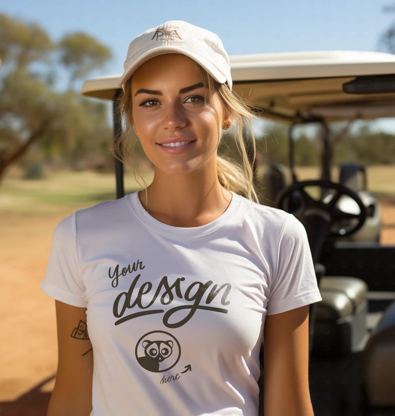 Athletic young woman in white t shirt mockup, golf car outdoor mockup