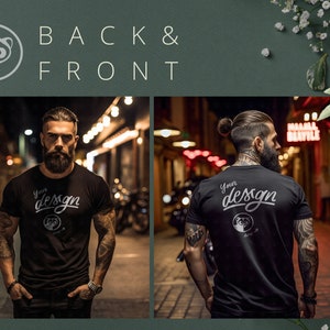 Voor- en achterkant mockup, bundel met 3 bestanden, mannelijk zwart T-shirt, straatmodel, zwart T-shirt mock up, achterkant en voorkant mockup, man T-shirt mockup