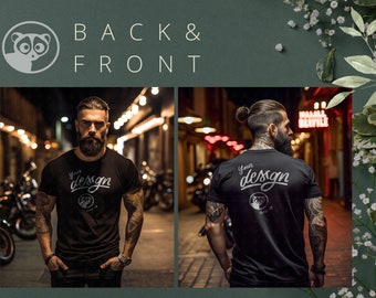 Voor- en achterkant mockup, bundel met 3 bestanden, mannelijk zwart T-shirt, straatmodel, zwart T-shirt mock up, achterkant en voorkant mockup, man T-shirt mockup