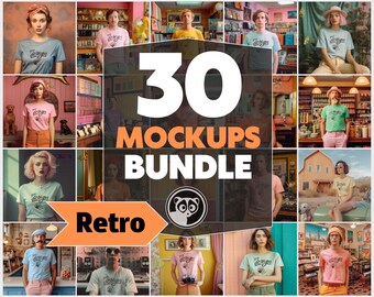 Retro Bundle, 30 Premium Mockups, Men And Women T Shirts Mockup Bundle, Color T-Shirt Mockups Bundle, Vintage Style Mockup Bundle