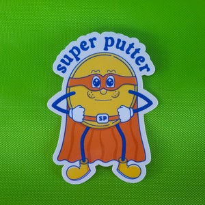 Super Putter Comic Sticker | Waterproof Sport Gift | Frisbee Golf Player Sticker | Funny Water Bottle Sticker | Super Hero Character Decal
