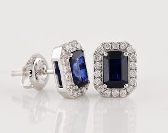 Blue Sapphire Studs Earrings | Emerald Cut Screw Back Earrings