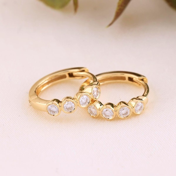 Bezel Huggie Hoops | Cartilage & Helix Hoop | Solid Gold Sleeper Earrings