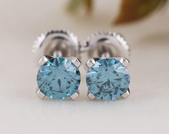 Yellow & Blue Lab Grown Diamond Earrings | CVD Color Diamond Stud Earrings | Silver Solitaire Earrings | Gift for Her