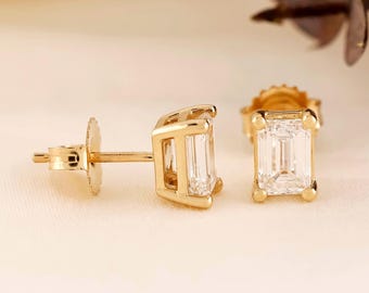 Emerald Cut Gold Stud Earrings | Crystal Studs | Rectangle Solitaire Earrings | Bridesmaid Gift