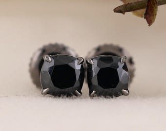 Cushion Cut Black Diamond Studs | Unisex Gothic Black Earrings for Men & Women