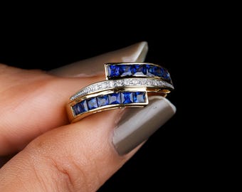 Blue Sapphire Wrap Ring | Gold Open Band Ring | Diamond Accent Ring