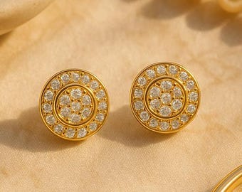 Double Halo Stud Earrings | Round Diamond Cluster Earrings