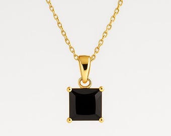 Princess Cut Black Diamond Pendant Necklace | Square Black Diamond Necklace | Hypoallergenic Gothic Jewelry | Gift for Her and Him