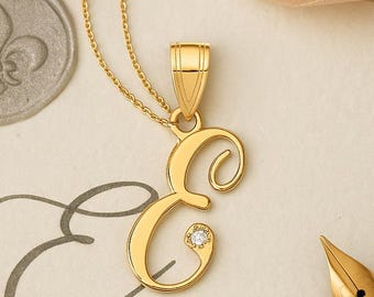 14K Gold Diamond Initial Letter E Necklace | Personalized Monogram Jewelry | Retirement Gift