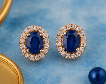 Sapphire Birthstone Earrings | Diamond Stud Earrings
