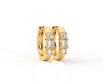 Round & Princess Cut Diamond Hoop Earrings | 14K Gold Huggie Earrings | Wedding Earrings Gift