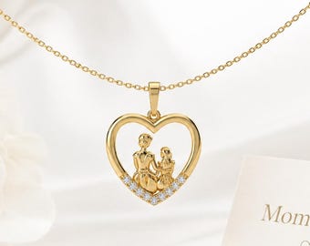 Gold Mother Daughter Heart Pendant Necklace | New Mom Gift for Mother