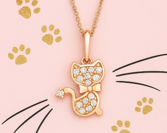 Favorite Pet Cat Necklace | Gold Filled Kitten Animal Pendant | Diamond Kitty Charm | Gift for Cat Lovers