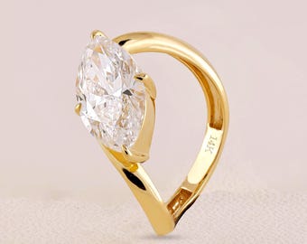 Anillo de moissanita de este a oeste / Anillo de diamantes talla marquesa / Anillo ondulado de oro