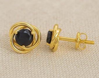 Black Diamond Knot Stud Earrings | Round Cut Earrings | Gold Onyx Studs | Floral Knot Earrings