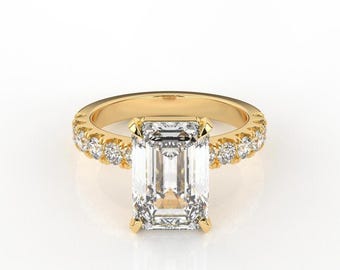Emerald Cut Diamond Moissanite Ring | Gold Halo Engagement Ring | Emerald Diamond Wedding Ring