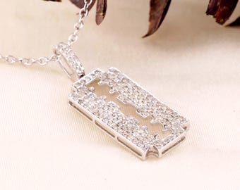 Razor Blade Necklace | Iced Out Pendant | Edgy Punk Jewelry | Goth Necklace
