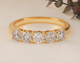 Trellis Setting Five Stone Diamond Ring | 14K Gold Anniversary Band | 5 Diamond Bridal Ring | Wedding Stack Ring