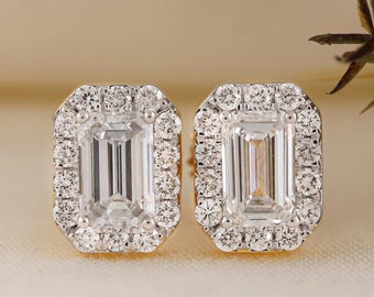 Emerald Cut Diamond Halo Stud Earrings | Classic Bridal Earrings