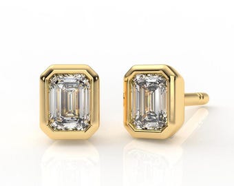 Emerald Cut Diamond Stud Earrings | Bezel Set Solitaire Studs | Wedding Earrings for Bride