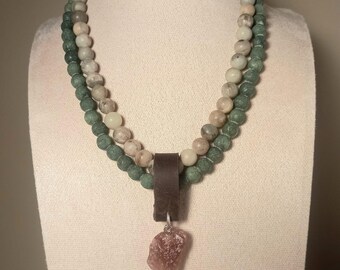 Green Aventurine Necklace: Strawberry Quartz Pendant, Leather Detail