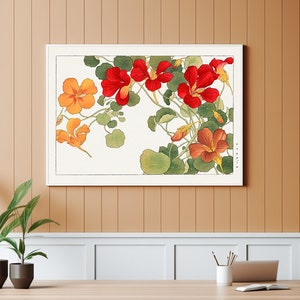 Vintage Nasturtium Tropaeolum Floral Print - Japanese Woodblock Print 1917s by Konan Tamigami - Genuine Vintage Artwork Reproduction Poster