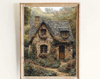 Sztuka ścienna Vintage Old English Cottage | English Cottagecore Decor Printable Wall Art Vintage Countryside Wall Print Antique Farmhouse Digital