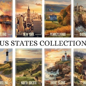 Impresiones digitales de los 50 estados de EE. UU. / Más de 70 carteles de los estados de EE. UU. / Carteles con imágenes de turismo / Descargas digitales de carteles de arte ilustrativo de EE. UU.