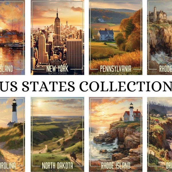50 States Posters Digital Travel Prints | US States 70+ Posters include | PNG Tourism image Posters | US Illustration Art Travel Posters