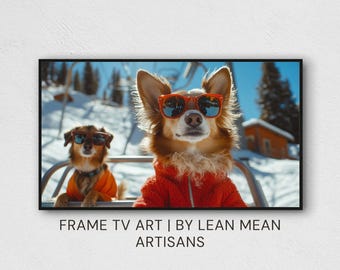 Samsung Frame TV Digital Art | Dogs on Chairlift | Winter-Themed Wall Art | Dog Lover’s Digital Artwork for Cozy and Stylish Home Design
